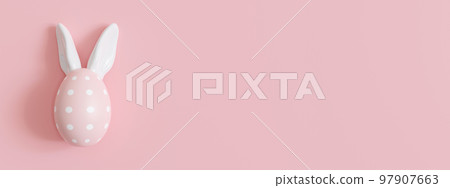 Pink background with Easter egg, rabbit ears and copy space. Easter backdrop. Empty space for advertising text, invitation, logo. Postcard, greeting card design. Pascha, Happy Easter Day. 3D render. Pink background with Easter egg, rabbit ears and copy space. Easter backdrop. Empty space for advertising text, invitation, logo. Postcard, greeting card design. Pascha, Happy Easter Day. 3D render. 97907663