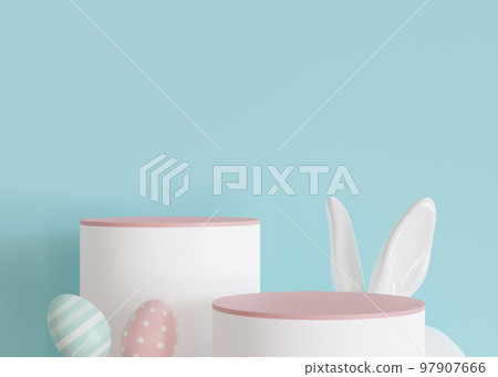 Two podiums with Easter eggs, rabbit ears and copy space on blue background. Stage for product, cosmetic presentation. Easter mock up. Pedestal, platform. Empty scene. Display, showcase. 3D render. Two podiums with Easter eggs, rabbit ears and copy space on blue background. Stage for product, cosmetic presentation. Easter mock up. Pedestal, platform. Empty scene. Display, showcase. 3D render. 97907666