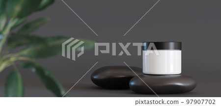 Blank, unbranded cosmetic cream jar standing on black spa stone, with plants. Skin care product presentation on dark gray background. Modern mock up. Jar with copy space. 3D render. 97907702