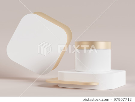 Blank, unbranded cosmetic cream jar standing on white and golden podium. Skin care product presentation. Elegant mockup. Skincare, beauty and spa. Jar with copy space. 3D rendering. Blank, unbranded cosmetic cream jar standing on white and golden podium. Skin care product presentation. Elegant mockup. Skincare, beauty and spa. Jar with copy space. 3D rendering. 97907712