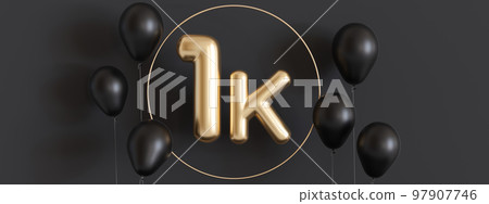 1000 followers card with balloons on black background. Banner for social network, blog. 1k followers or likes celebration. Social media achievement poster. One thousand subscriber. 3d render. 1000 followers card with balloons on black background. Banner for social network, blog. 1k followers or likes celebration. Social media achievement poster. One thousand subscriber. 3d render. 97907746