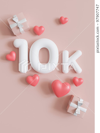 10000 followers card with hearts and presents on pink background. Vertical picture for social network, blog. 10k followers or likes celebration. Social media achievement poster. 3d render. 10000 followers card with hearts and presents on pink background. Vertical picture for social network, blog. 10k followers or likes celebration. Social media achievement poster. 3d render. 97907747