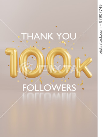 Thank you 100000 followers card with golden confetti on beige background. Vertical picture for social network, blog. 100k followers celebration. Social media achievement poster. 3d rendering. 97907749