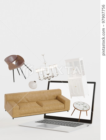 Laptop with flying furniture. Shopping online. Furniture shop, interior details. Furnishings sale or interior project. Buy sofa, table via internet. E-commerce. Vertical layout, copy space. 3d render. Laptop with flying furniture. Shopping online. Furniture shop, interior details. Furnishings sale or interior project. Buy sofa, table via internet. E-commerce. Vertical layout, copy space. 3d render. 97907756