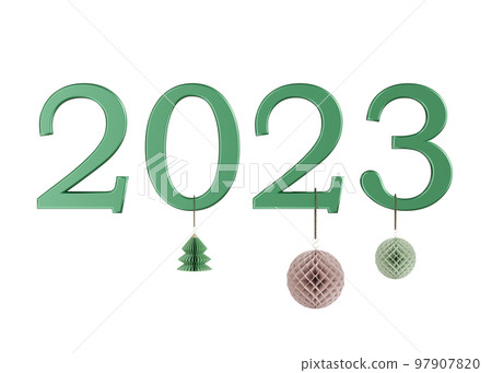 Green numbers 2023 isolated on white background. Happy New Year 2023. Party, Merry Christmas, New year. Celebration. Cut out element for event card. 3D render. Green numbers 2023 isolated on white background. Happy New Year 2023. Party, Merry Christmas, New year. Celebration. Cut out element for event card. 3D render. 97907820