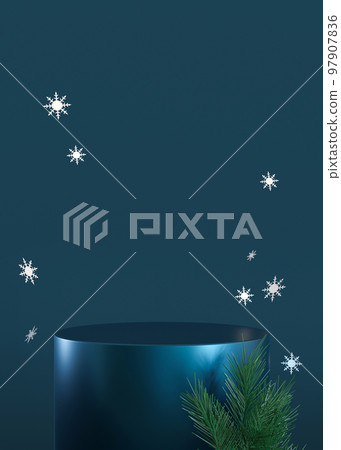 Podium with Christmas decoration on dark blue background. Xmas composition. Elegant scene for product, cosmetic presentation. Luxury mock up. Pedestal, platform for beauty products. 3D render. Podium with Christmas decoration on dark blue background. Xmas composition. Elegant scene for product, cosmetic presentation. Luxury mock up. Pedestal, platform for beauty products. 3D render. 97907836