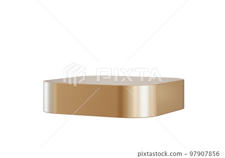 Golden podium isolated on white background. Elegant stage for product, cosmetic presentation. Luxury mock up. Pedestal or platform for beauty products. Empty scene. 3D rendering. 97907856