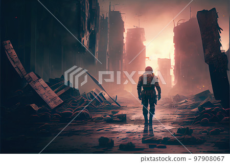 Lone soldier walking in destroyed city Lone soldier walking in destroyed city 97908067