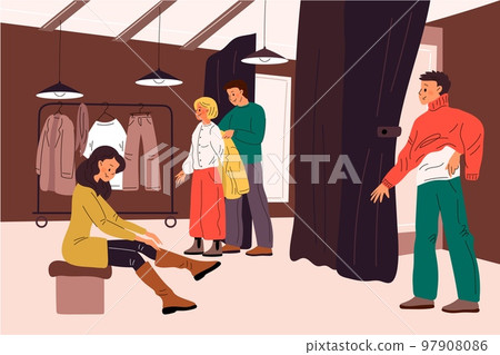 People in fitting room. Boutique interior. Store visitors try on clothes. Girl put on boots. Persons shopping fashion garments. Buyers dressing coats and sweaters. Garish vector concept 97908086