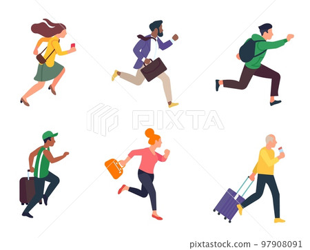 People are late. Persons running with briefcase and suitcase baggage. Hurrying men and women. Fast run of businessman and student. Stressed guys and girls. Vector rushing characters set People are late. Persons running with briefcase and suitcase baggage. Hurrying men and women. Fast run of businessman and student. Stressed guys and girls. Vector rushing characters set 97908091