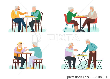 Old men and women playing chess. Grandparents leisure. Elderly persons at chessboard. Retired people sitting at table with intellectual game. Pensioners hobby. Vector aged players set Old men and women playing chess. Grandparents leisure. Elderly persons at chessboard. Retired people sitting at table with intellectual game. Pensioners hobby. Vector aged players set 97908101