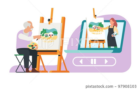 Old man learns to draw in online art studio. Grandfather painting picture at easel. Painter lesson broadcast. Video streaming. Senior person education. Artists course. Vector concept Old man learns to draw in online art studio. Grandfather painting picture at easel. Painter lesson broadcast. Video streaming. Senior person education. Artists course. Vector concept 97908103