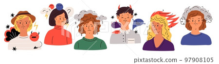 Negative thinking people. Guys and girls in bad mood. Worried persons. Shoulder portraits with gloomy emotions symbols. Crying woman. Burnout man. Anxiety and anger. Garish vector set 97908105