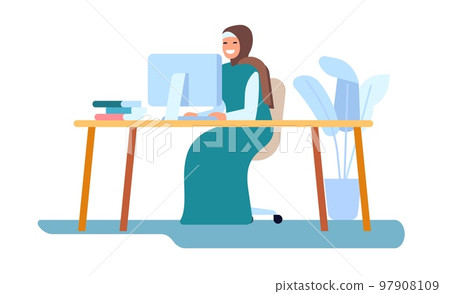 Muslim woman working at computer. Office worker in hijab. Islamic employee sitting at table. Arabian manager professional career. Female in traditional Islam clothing. Vector concept Muslim woman working at computer. Office worker in hijab. Islamic employee sitting at table. Arabian manager professional career. Female in traditional Islam clothing. Vector concept 97908109