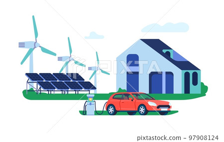 Modern house with solar panels and wind turbines. Electric car charged with energy from charging station. Alternative electricity generator. Environment conservation. Vector concept Modern house with solar panels and wind turbines. Electric car charged with energy from charging station. Alternative electricity generator. Environment conservation. Vector concept 97908124