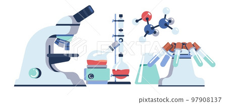 Laboratory equipment. Scientific research concept. Lab glassware and microscope. Chemistry experiment. Medical analysis. Chemical beaker and flask with liquid. Vector test tubes set 97908137