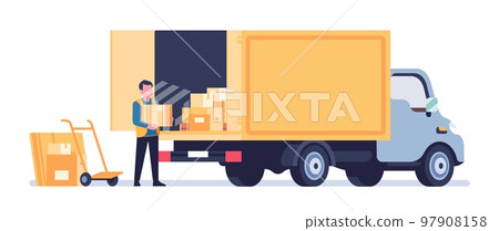 Forklift unloads cargo from truck. Worker loading cardboard boxes into lorry wagon. Loader lifting parcels. Freight transportation. Containers logistics distribution. Vector concept Forklift unloads cargo from truck. Worker loading cardboard boxes into lorry wagon. Loader lifting parcels. Freight transportation. Containers logistics distribution. Vector concept 97908158