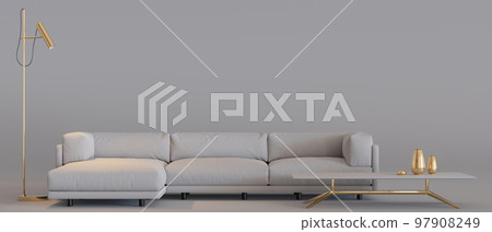 Banner with modern furniture and copy space for text, advertisement. Furniture store, interior details. Furnishings sale, interior project. Template with empty space. Minimalist design. 3d render. 97908249