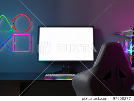 Monitor with blank white screen. Gaming at home. Computer mock up. Copy space for app, game, website presentation. Empty screen. Modern interior. Neon lights. Gamer place. 3D render. 97908277