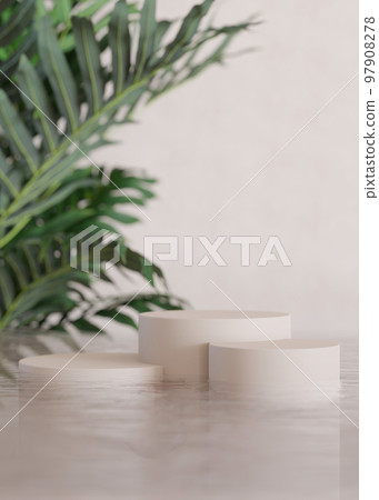 Podiums standing in water, with palm leaves, on the beige background. Beautiful mock up for product, cosmetic presentation. Pedestal or platform for beauty products. Empty scene, stage. 3D rendering. 97908278