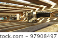 Cat with round eyes in striped sunlight under wooden planks 97908497