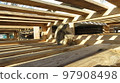 Cat in striped sunlight under freshly planed wooden planks 97908498