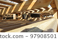 Cat in a maze of boards in striped sunlight and a shadow from an eagle 97908501