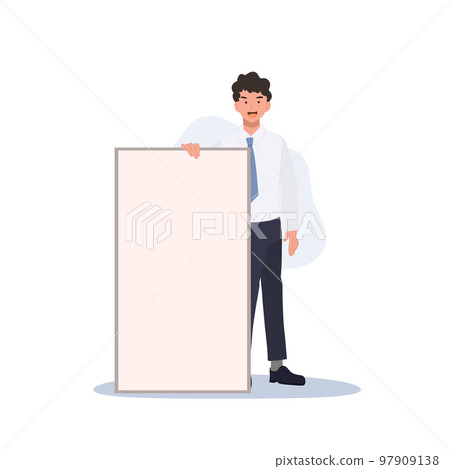 businessman is holding empty board. blank board mock up / Copy space. Your text here. Flat vector cartoon illustration 97909138