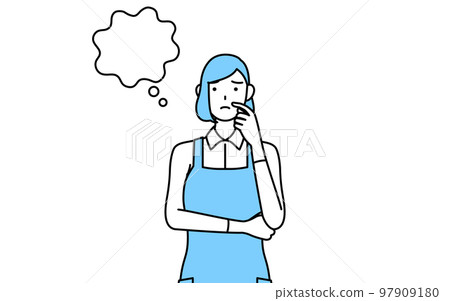 A woman wearing an apron thinking while scratching her face A woman wearing an apron thinking while scratching her face 97909180