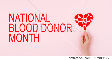 National Blood Donor Month background, web banner. Blood donor day campaign for donation charity concept with red drops heart and hands. Giving blood saves lives National Blood Donor Month background, web banner. Blood donor day campaign for donation charity concept with red drops heart and hands. Giving blood saves lives 97909517