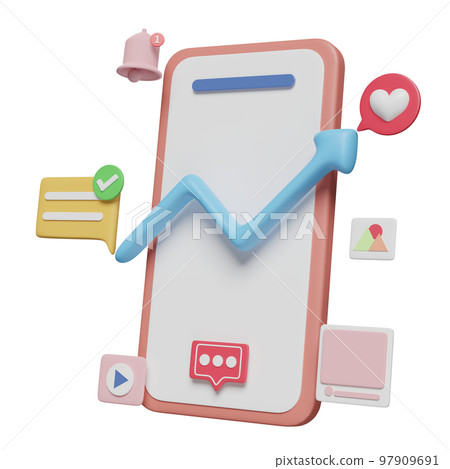 3d social media with mobile phone, smartphone icons, arrow graph, chat bubbles isolated. online social, communication applications concept, 3d render illustration 3d social media with mobile phone, smartphone icons, arrow graph, chat bubbles isolated. online social, communication applications concept, 3d render illustration 97909691