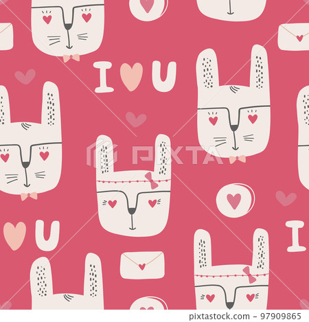 Seamless pattern with red hearts, declarations of love and rabbits. Valentine's day background with symbols of love, romance and passion. Seamless pattern with red hearts, declarations of love and rabbits. Valentine's day background with symbols of love, romance and passion. 97909865