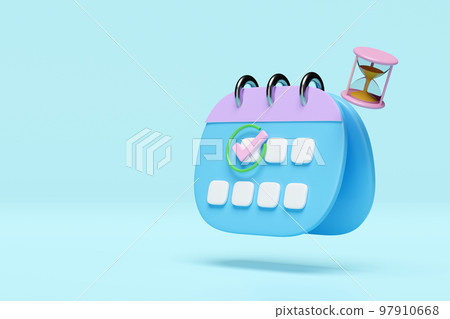 3d calendar with hourglass, checkmark icons, marked date isolated on blue background. schedule appointment concept, 3d render illustration 3d calendar with hourglass, checkmark icons, marked date isolated on blue background. schedule appointment concept, 3d render illustration 97910668