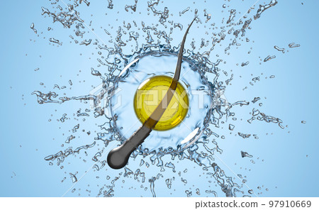 3d restore and nourish hair, scalp with shampoo, serum, treatment hair care, bubbles, oil liquid drop, water splash background. 3d render illustration 97910669