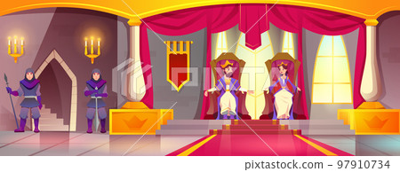 Cartoon king and queen in gold crown on throne in medieval castle 97910734