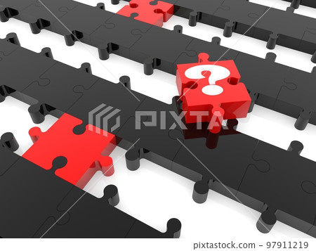 A piece of red puzzle with a white question mark on a black puzzle 97911219
