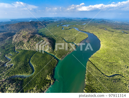 Aerial view of Bo Chet Luk port Harbour with long tail boats, in Satun Geopark, Thailand 97911314