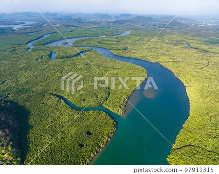 Aerial view of Bo Chet Luk port Harbour with long tail boats, in Satun Geopark, Thailand Aerial view of Bo Chet Luk port Harbour with long tail boats, in Satun Geopark, Thailand 97911315
