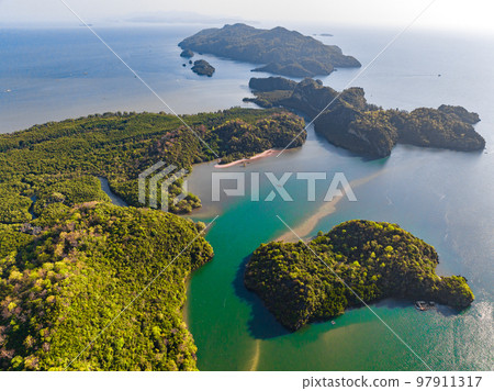 Aerial view of Bo Chet Luk port Harbour with long tail boats, in Satun Geopark, Thailand 97911317