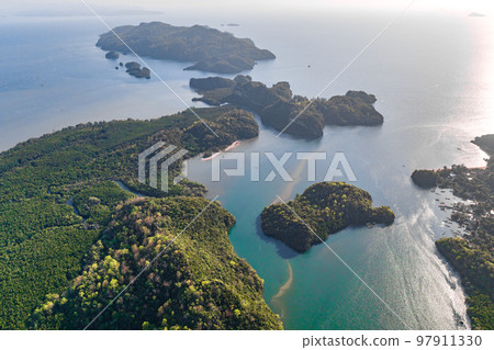Aerial view of Bo Chet Luk port Harbour with long tail boats, in Satun Geopark, Thailand 97911330