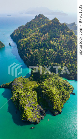 Aerial view of Prasat Hin Pun Yod secret beach in Satun, Thailand Aerial view of Prasat Hin Pun Yod secret beach in Satun, Thailand 97911335