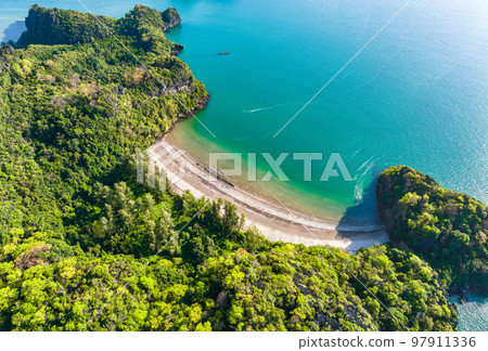 Aerial view of Prasat Hin Pun Yod secret beach in Satun, Thailand Aerial view of Prasat Hin Pun Yod secret beach in Satun, Thailand 97911336