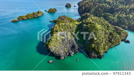 Aerial view of Prasat Hin Pun Yod secret beach in Satun, Thailand 97911343