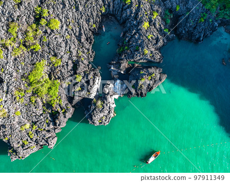 Aerial view of Prasat Hin Pun Yod secret beach in Satun, Thailand Aerial view of Prasat Hin Pun Yod secret beach in Satun, Thailand 97911349