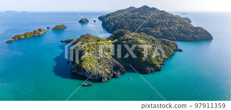 Aerial view of Prasat Hin Pun Yod secret beach in Satun, Thailand 97911359