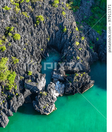 Aerial view of Prasat Hin Pun Yod secret beach in Satun, Thailand 97911371