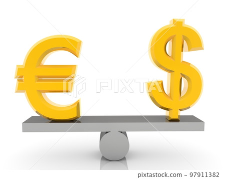 Gold dollar and euro signs on an equilibrium swing Gold dollar and euro signs on an equilibrium swing 97911382