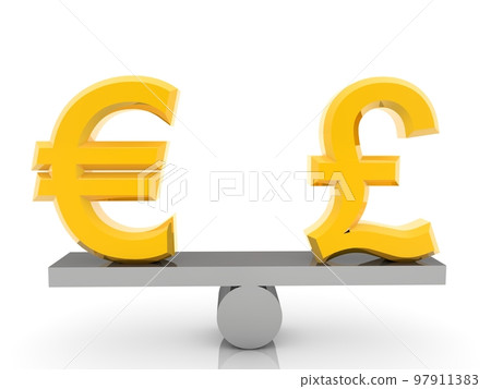 Golden English pound and euro sign on a balance swing 97911383