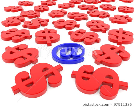 AT symbol between red dollars on a white background AT symbol between red dollars on a white background 97911386