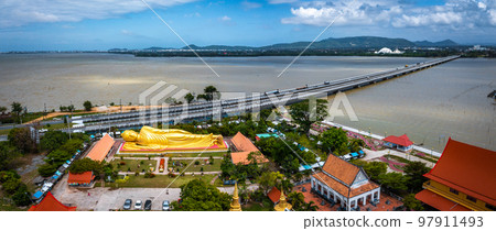 Wat Laem Pho temple with reclining golden Buddha in Songkhla, Thailand Wat Laem Pho temple with reclining golden Buddha in Songkhla, Thailand 97911493